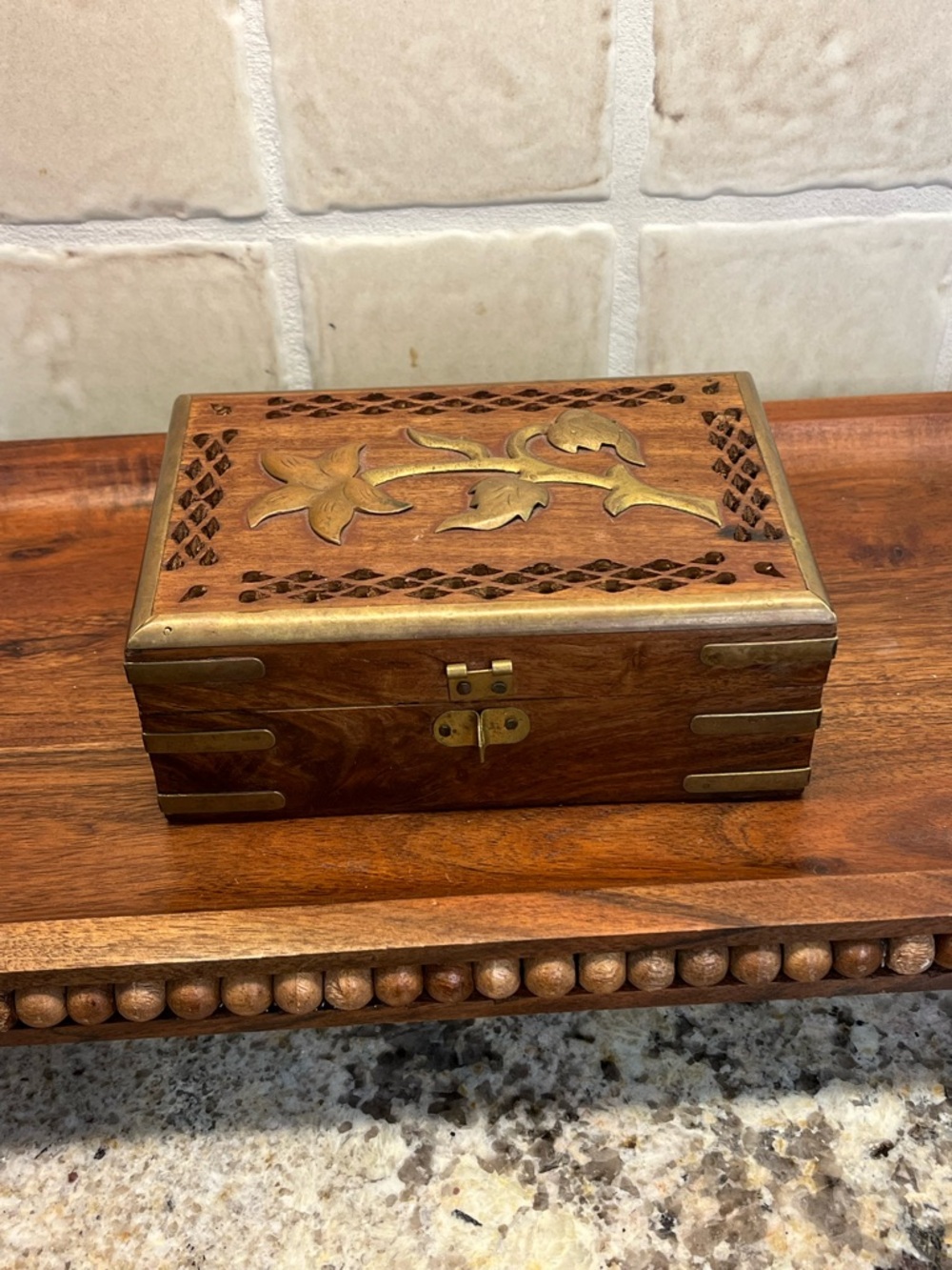 Vtg Handcrafted Wooden Jewelry Box with Brass Inlay - Brown & Gold
